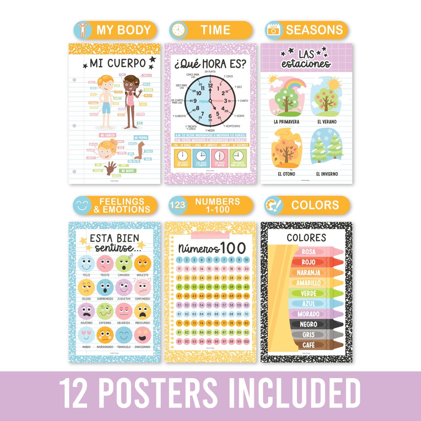 Hadley Designs Spanish Posters for Classroom - 12 Bilingual Educational Posters for Spanish Classroom Decorations Must Haves, Calendario y Alfabeto en Español Para la Pared, Pastel Teacher Supplies