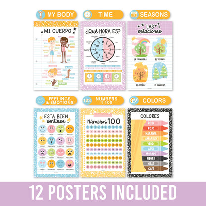 Hadley Designs Spanish Posters for Classroom - 12 Bilingual Educational Posters for Spanish Classroom Decorations Must Haves, Calendario y Alfabeto en Español Para la Pared, Pastel Teacher Supplies
