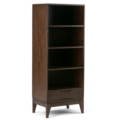 SIMPLIHOME Harper Desk and Bookcase Bundle - 48 inch Wide Solid Wood Mid Century Modern Desk with Drawers and 24 inch Wide 4-Shelf Bookcase in Walnut Brown, Home Office Furniture (Set of 2)