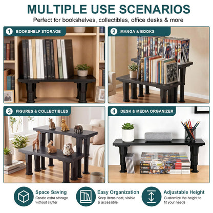 AceOrbit 14.57 x 5.12 x 5.31-8.66 in Adjustable Height, 2 Pack Bookshelf Risers, Wooden Book Shelf Riser for Manga, Comics, Books, Figures, Collectibles, DVDs and CDs, Black