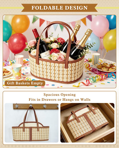 2 Set Baskets for Gifts Empty, Woven Bamboo Gift Basket Kit with Handles, Foldable Empty Gift Baskets to Fill with Wrap Bags, Pull Bows, Cards & Raffia for Baby Baptisms, Father's Day, Housewarming