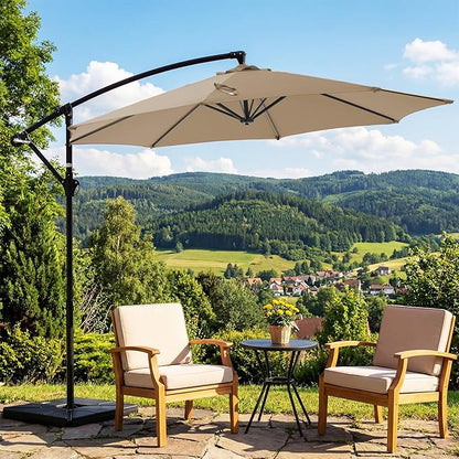 OLIXIS 9.7FT Offset Patio Umbrella with Base, Cantilever Table Umbrellas for Outdoor Sun Shade UV Protection with Easy Tilt Adjustment, 8 Ribs for Backyard, Lawn, Garden, Pool - Khaki