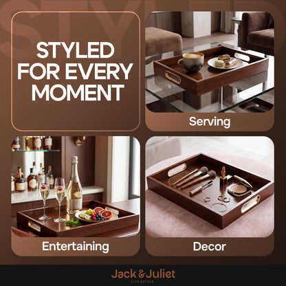 Jack & Juliet Teak Wood Ottoman Tray – Wooden Multifunctional Tray with Real Brass Handles - Non Slip Base in Food-Safe Finish - Gift-Ready Packaging for Coffee Table and Home Decor (Walnut)