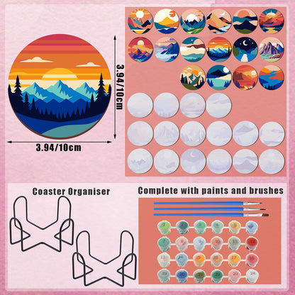 Reallnaive 8 Pcs Mountain Paint by Numbers Kit for Adults Cute Coasters with Holder Mini Paint by Numbers Kits Round Oil Painting Drink Coaster for Small DIY Craft Birthday Gift