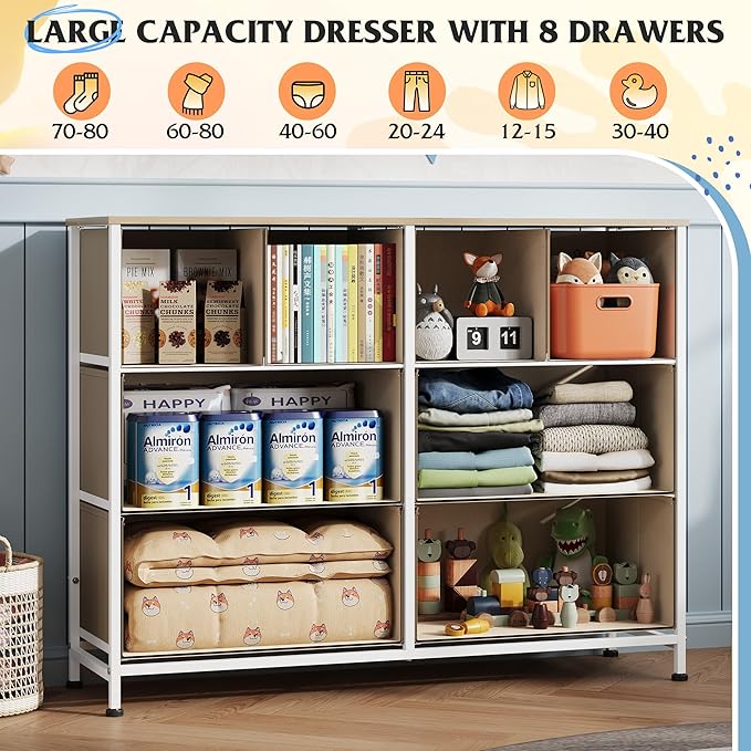 WLIVE Dresser for Bedroom with 8 Drawers, Wide Fabric Dresser for Storage and Organization, Bedroom Dressers, Chest of Drawers for Living Room, Closet, Hallway, Cream White