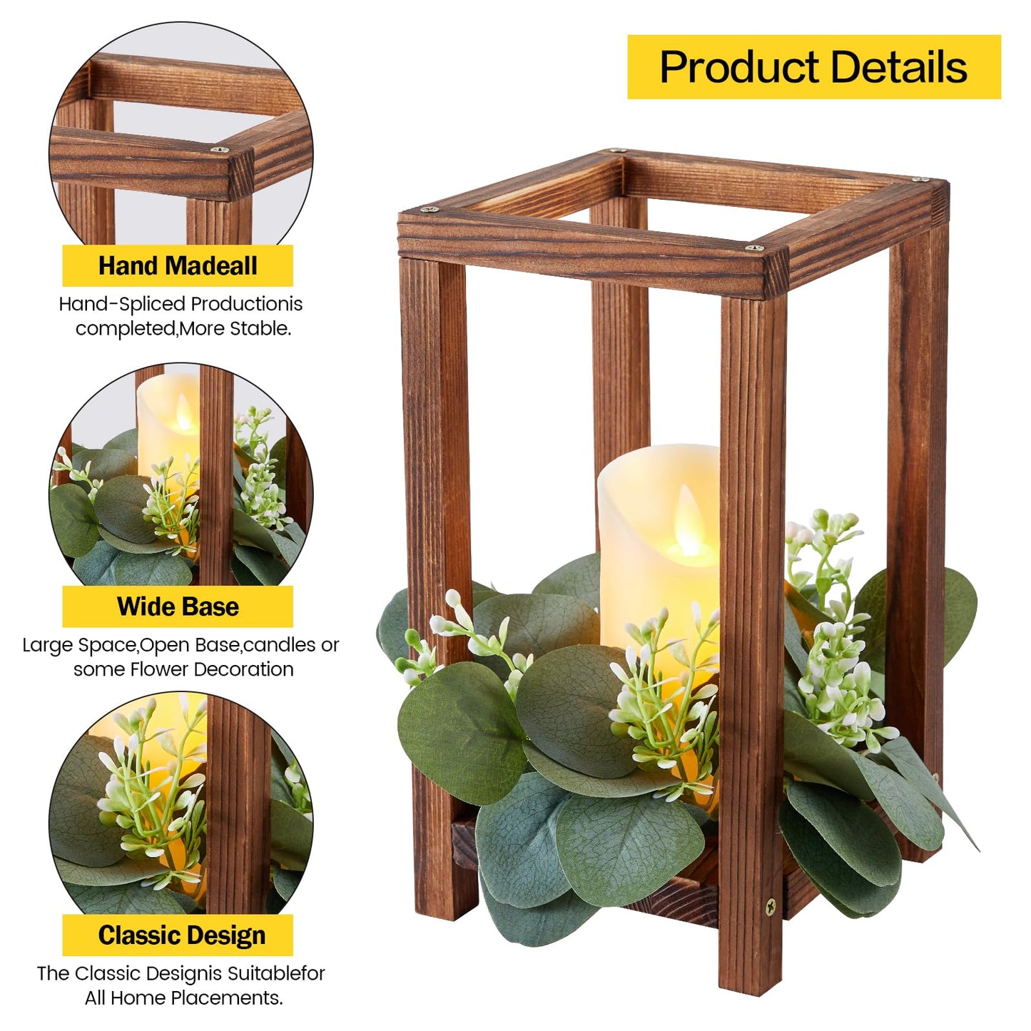 Neoflavie 6 Set/18 Pcs Wooden Wedding Lantern Centerpiece Include 6 Wooden Lantern Candle Holder 6 Flameless LED Candle 6 Eucalyptus Leaves Wreath for Centerpieces Wedding Table Party Farmhouse Decor