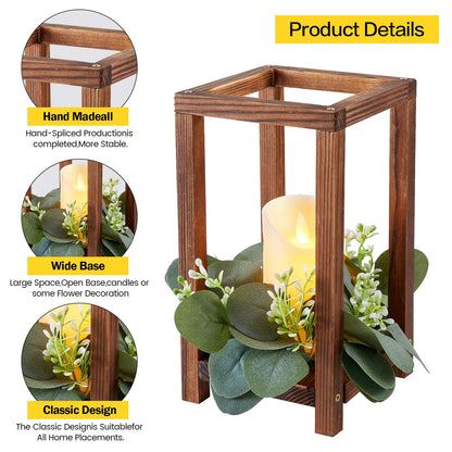 Neoflavie 42 Pcs /14 Set Wooden Wedding Lantern Centerpiece-Wooden Candle Lantern Bulk Includes 14 Farmhouse Wooden Candle Holder 14 Flameless LED Candles 14 Eucalyptus Leaves Wreath for Decoration