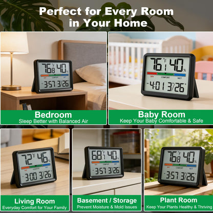 Luzsco Digital Hygrometer Indoor Thermometer, Clock with Temp & Humidity, Temp Gauge with Comfort Indicator, Wall/Magnetic/Desk Alarm Clock for Bedroom, Baby Room, Office, Kitchen, Garage (Black)