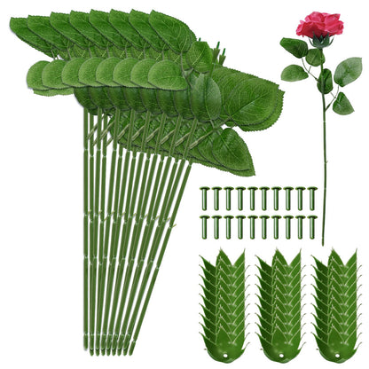 Bruislard 60Pcs Floral Wire Stem with Leaves and 60PCS Artificial Flower Calyxes Set, Floral Rose Arrangement Supplies for Wedding Party, DIY Craft