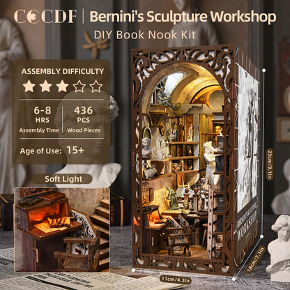 CCCDF DIY Book Nook Kit, 3D Wooden Puzzle for Adults, Teens, DIY Miniature Dollhouse Booknook Kit Bookend Bookshelf Insert Decor with LED Light (Bernini's Sculpture Workshop)