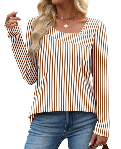 OFEEFAN Long Sleeve Shirts for Women Fall Clothes Asymmetric Square Neck Tunic Tops Decorative Buttons