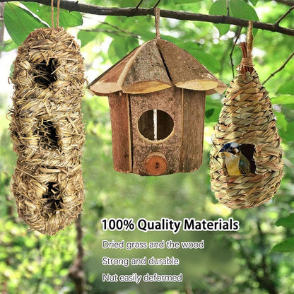 Hamiledyi Humming Bird Houses Nest, Hand Woven Wooden Vintage Chickadee Finch Hut Outdoor Hanging Natural Grass Birdhouse Nest for Canary Finches Robin Wren- Set of 3