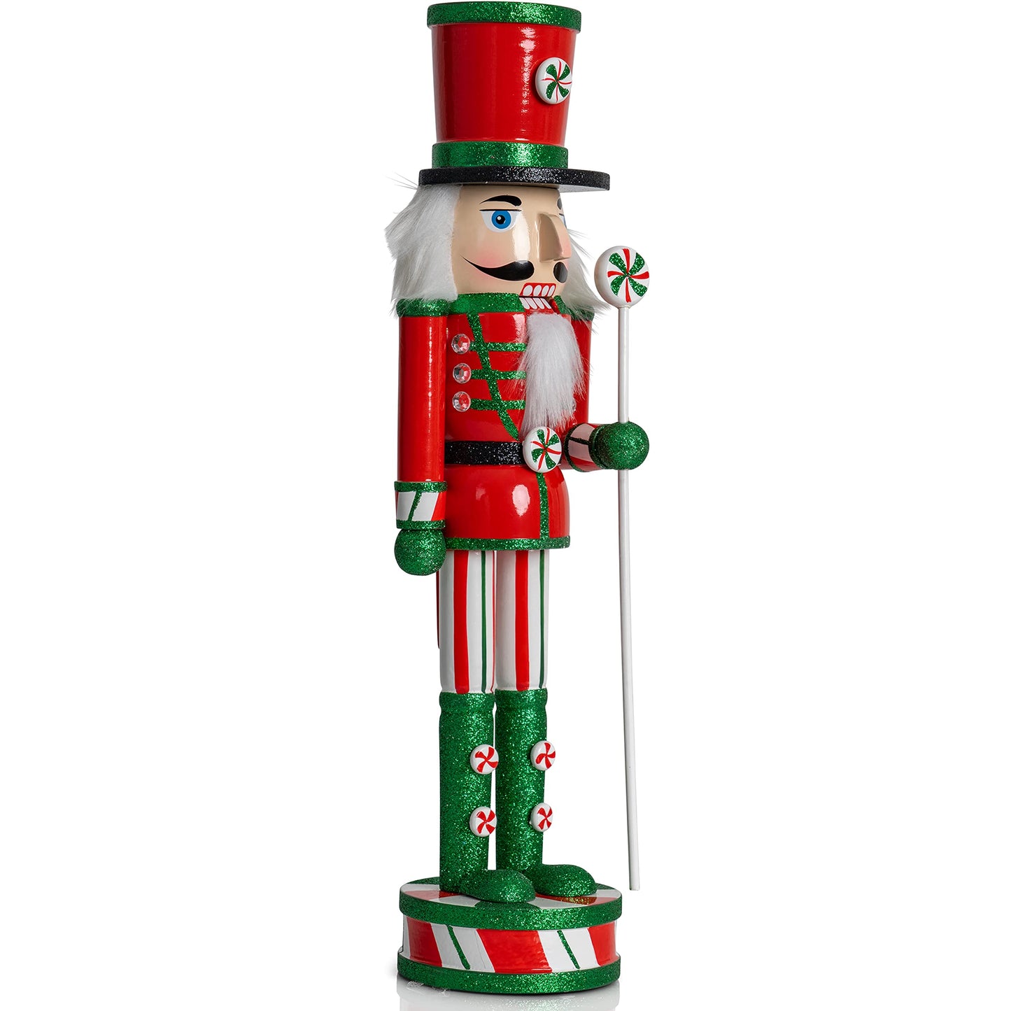 Ornativity Wooden Peppermint Christmas Nutcracker - Red, White and Green Glitter Candy Themed Xmas Holiday Nut Cracker Doll Figure Toy Soldier Decorations 15"