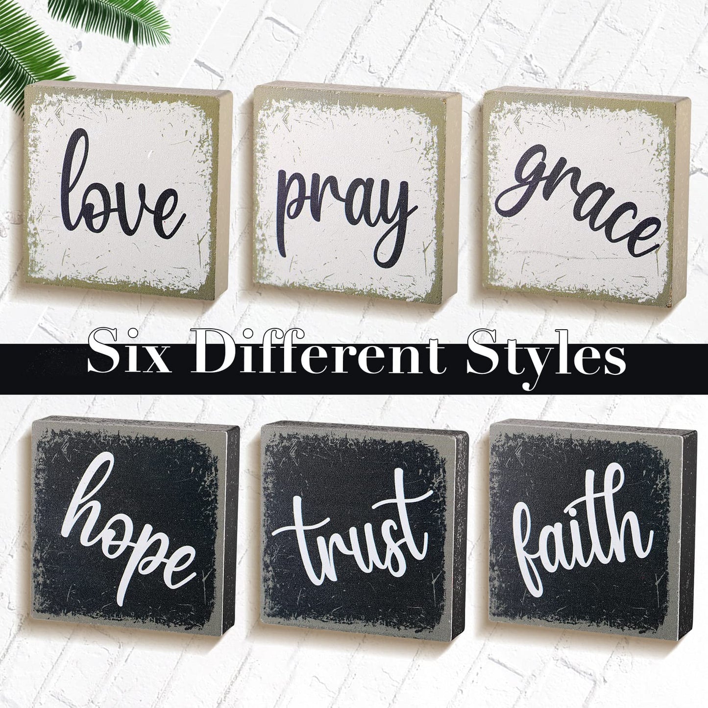 Qunclay 6 Pieces Farmhouse Tiered Tray Decor Inspirational Rustic Wood Sign Faith Love Hope Wooden Table Decorations Art Print Wooden Block Signs for Office Home Tabletop Bookshelf, 2.5 x 2.5 Inch