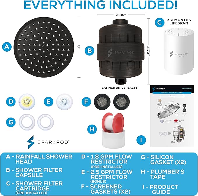 SparkPod 23-Stage Filtered Shower Head, 8" Round, Oil-Rubbed Bronze | Filtered Shower Head for Hard Water Filter, High Pressure, Reduces Chlorine, Heavy Metals, For Dry Skin & Hair