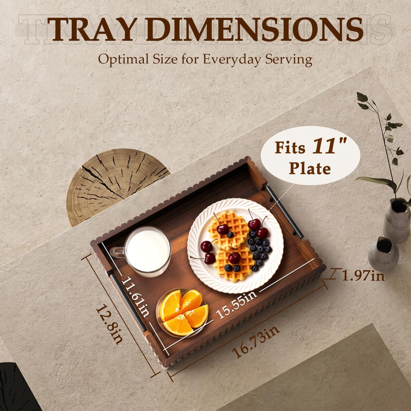 Cathyeen Acacia Wood Decorative Serving Tray with Handles, 16.7" x 12.8" Large Wooden Ottoman Tray for Living Room, Coffee Table Tray Decor for Food, Dinner, Tea or Breakfast in Bed (Walnut)