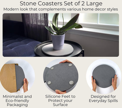 Stone Plant Saucer Set of 2 Large 11.5 in, Absorbent Diatomaceous Earth Plant Tray for Indoor Plants, Plant Pot Saucer with Silicone Feet, Grey Slate Water Absorbing Planter Tray