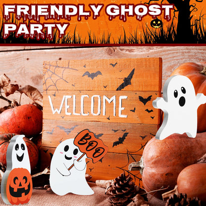 5 Pcs Halloween Ghost Table Decorations Cute Ghost Decor Indoor Wooden Witch Boo Centerpieces Spooky Tiered Tray Pumpkin Signs Fall Rustic Decor for Party Shelf Display(Cute Style)