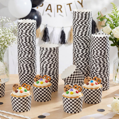 Qinyoung 150 Pcs Race Car Checkered Cupcake Wrappers Liners Black and White Paper Baking Cup Greaseproof Disposable Scalloped Checkered Flag Muffin Case for Racing Car Birthday Party Baby Shower Decor