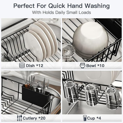 MAJALiS Dish Drying Rack Over The Sink with Utensil Holder | Expandable Stainless Steel Dish Drainer for Small Kitchen, Apartment, RV, Counter Space Saving, Perfect Fit, Rustproof