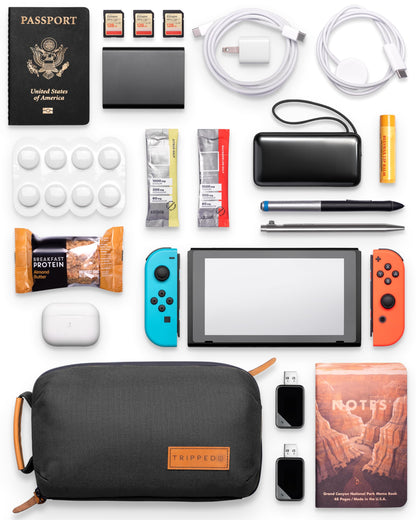 Tech Bag Organizer - Small Electronics Organizer Pouch for Travel - Premium Travel Case with Leather Accents - Mesh Pocket for Cables, Cords and Chargers (Black)