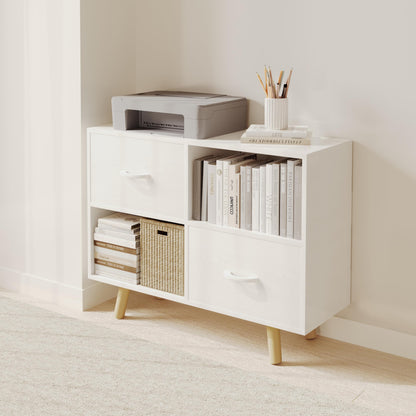 ELYUP Bookcase with Fabric Storage Bins - 4 Cube Organizer Display Bookshelf for Home Office, White