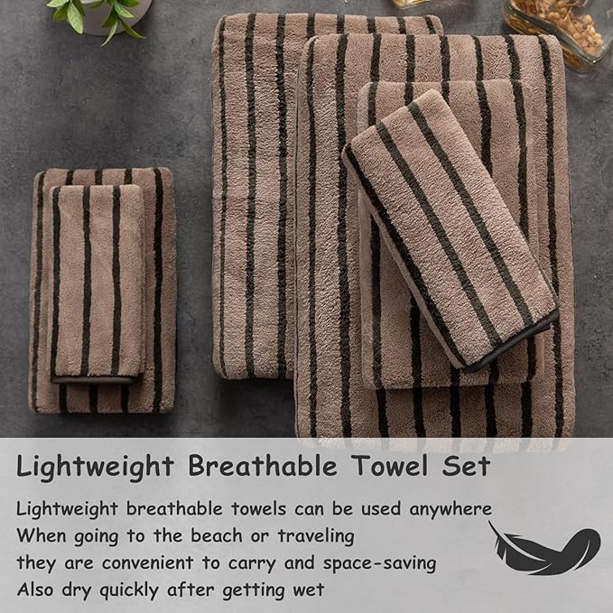 8 Pcs Polyester Brown Cabana Stripe Large Bath Towel Set-2 Bathroom Towels
