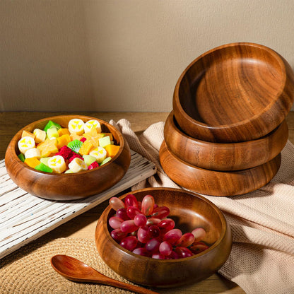 Honeydak 6 Pcs 7.87 Inches Acacia Wooden Bowls Calabash Salad Bowls Round Wood Hand Carved Dip Tray for Serving Popcorn Pasta Dessert Coconut Nuts Sauce Appetizers
