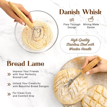 ABIOTO Sourdough Bread Baking Kit - 14-Piece Set with 10" Round & 11" Oval Rattan Banneton Proofing Baskets, Liners, Bread Lame, Danish Whisk & Scrapers for Home Bakers