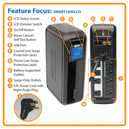 Tripp Lite 1000VA Smart UPS Battery Back Up, 500W Tower, 8 Outlets, LCD Display, AVR, USB, Tel / DSL / Coax Protection, 3 Year Warranty & $250,000 Insurance (SMART1000LCD) Black