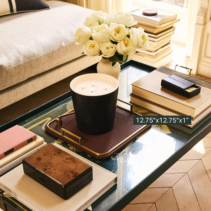 Preston Lane Mayfair Decorative Tray – Vegan Leather with Woven Texture, Brushed Brass Handles – Serving, Dresser & Coffee Table Tray, Espresso 12.8 x 12.8 x 1