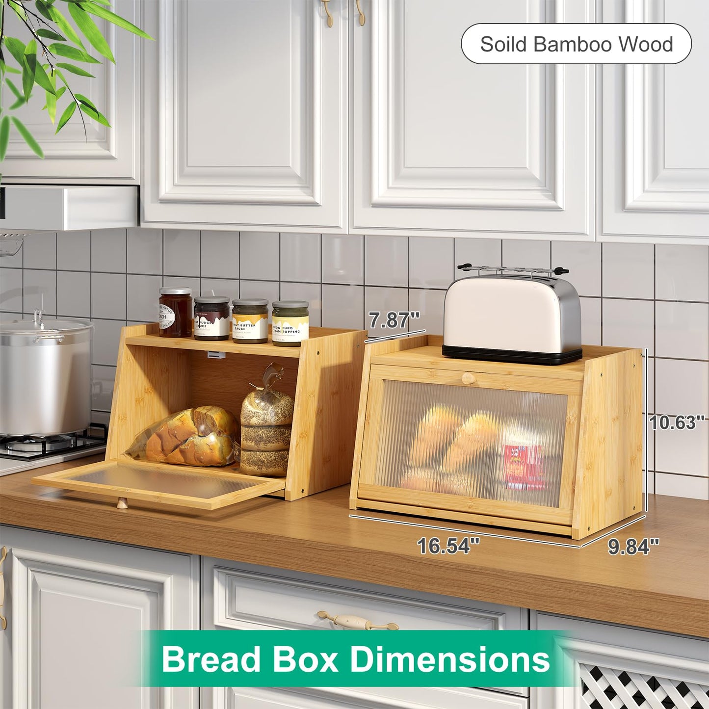 kiplant Bread Box for Kitchen Counter, Large Bamboo Bread Storage Container with Wavy Arcylic Door, Bamboo Wooden Farmhouse Bread Box for Your House (Natural, Medium)