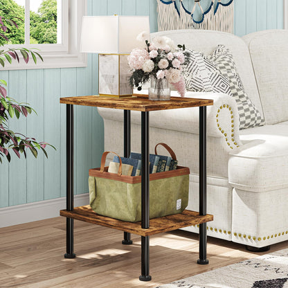 Simple Trending Side Table, Small End Table Living Room, Nightstand with 2 Tier Storage Shelves, Rustic Brown