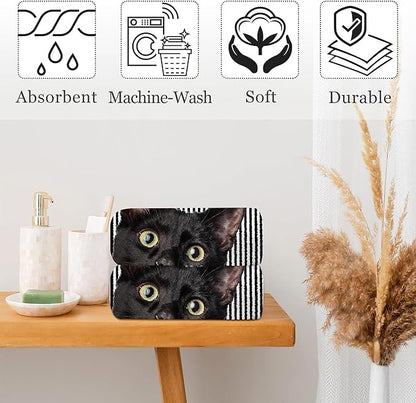 Cute Black Cat Hand Towel for Bathroom Set of 2, Cat on Black White Stripes