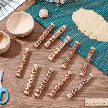 UNICRAFTALE 10Pcs Wooden Clay Texture Rollers Set for Pottery 10 Styles Ceramics Potters Stamp Roller Tools 102mm Textured Rolling Pins Modeling Pattern Rollers Kit for DIY Handmade Art Supplies