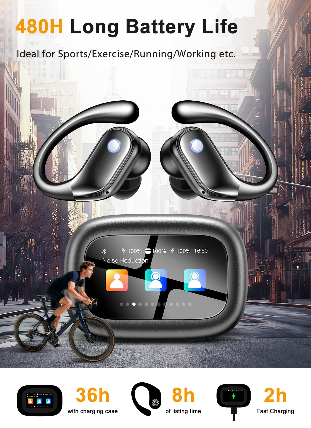 jaddsa Wireless Earbuds, ENC Noise Cancelling Ear Buds with Smart Touchscreen, Bluetooth 5.4 Headphones, Bass Stereo Sound Over-Ear Earbuds, 5 EQ Modes for Sports/Travel/Gym- Jet Black