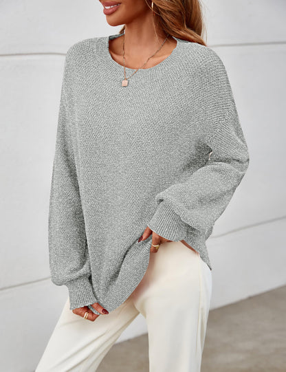 MEROKEETY Women's 2025 Fall Winter Oversized Pullover Sweater Trendy Crew Neck Long Sleeve Heathered Knit Jumper Tops