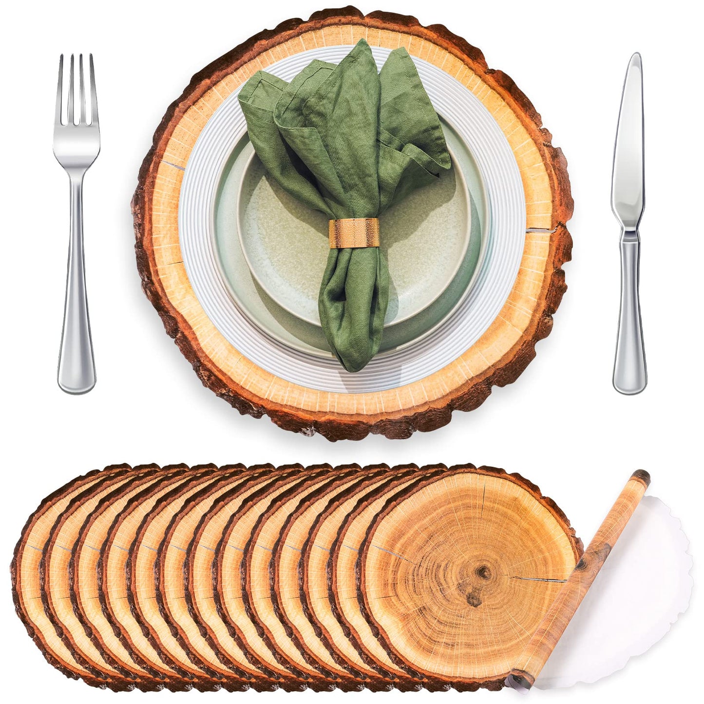 TaoBary 100 Pcs Disposable Wood Slice Woven Paper Placemats Rustic Charger Round Place Mat Bulk Table Paper Placemat for Farmhouse Birthday Wedding Dinner Baby Shower Hawaii Party Supply (Wood Slice)