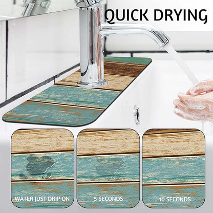 MCALK Wood Pattern Teal Kitchen Sink Faucet Mat Splash Guard, Absorbent