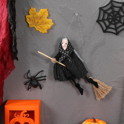 DIYEAH Halloween Witch Doll Decor with Broomstick for Indoor Outdoor Party Decoration, 9.44 Inch Grey Hanging Witch Figurine with Red Accents