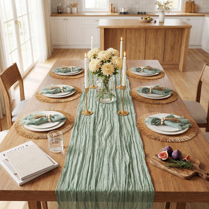 Frienda Set of 6 Boho Table Placemats Round Woven Place Mats Matching Linen Textured Napkins Wood Bead Napkin Rings and 1 Pcs Sage Green Table Runner for Home Farmhouse Kitchen Dining Natural Decor