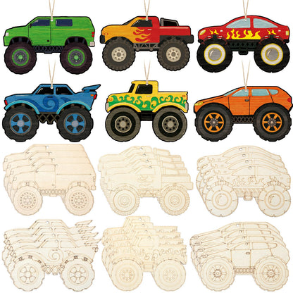 Simgoing 36 Pcs Wooden Cars to Paint Unfinished Wood Monster Truck Cutouts Crafts Hanging Ornaments DIY Blank Wood Crafts for Home Birthday Craft Supplies & Party Decorations
