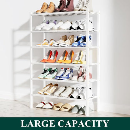 Smiry Bamboo Shoe Rack, 6 Tier Free Standing Wooden Shoe Organizer, Stackable Wood Shoe Storage Shelf for Closet, Entryway, 12 Vertical Slats, 2+2+2 Stack Standard Legs, 26.8"x11"x39", White