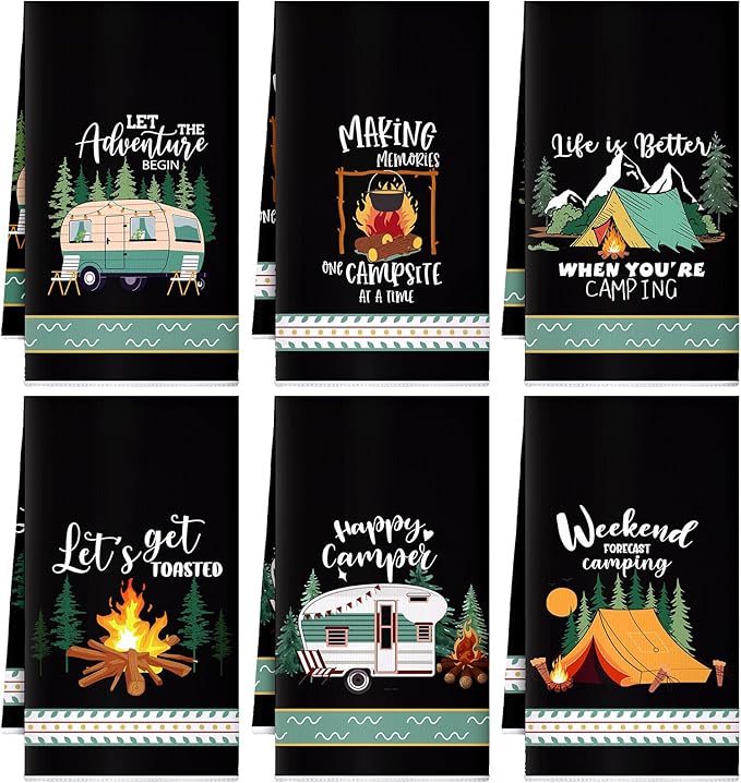 Boyiee 6 Pcs Camping Kitchen Towels Black Absorbent Dish Towels Bonfire Tent