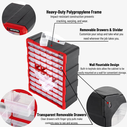 INTERTOOL Small Parts Organizer for Hardware & Screws | 60 Removable Bins with Dividers | Wall Mount or Desktop Craft & Lego Storage Cabinet | 19” x 15” x 6” BX08-4016
