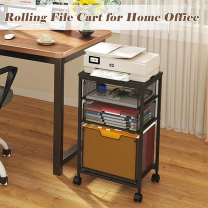 Sbanmao Rolling File Cart with 3 Drawers, Filing Cabinet, Hanging Folder Holder Organizer with Wheels, Under Desk Storage Utility Cart, File Cabinet Printer Stand for Home Office, Black