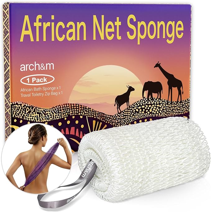 ARCH&M Authentic African Net Sponge Afro Scrub | 53" Long Exfoliating Back Scrubber, Quick-Dry Shower Loofah, For Women and Men Daily Use, Gentle on Sensitive Skin