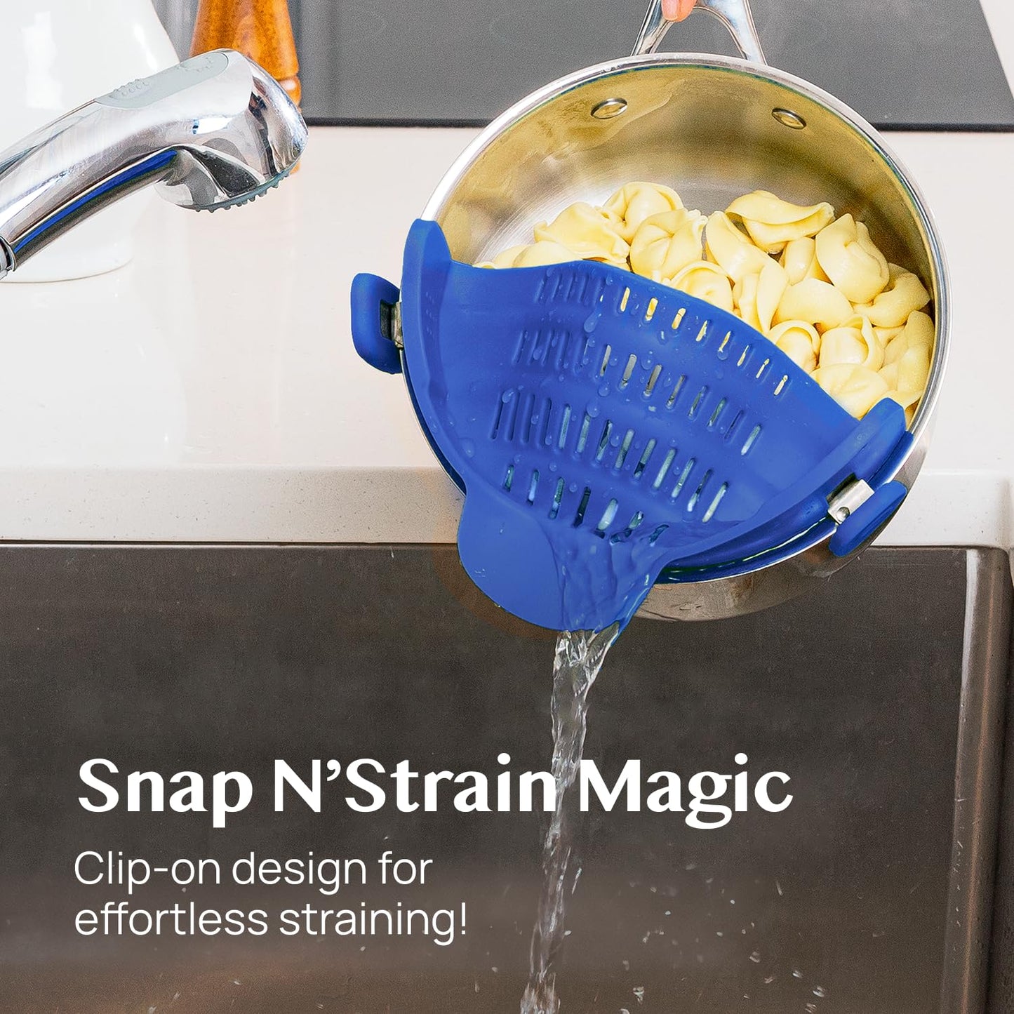 Kitchen Gizmo Snap N' Strain Clip On Strainer for Pots and Pans - Collapsible Silicone Pasta Strainer and Kitchen Gadget for Cooking - Easy to Use, Heat Resistant and Space Saving Colander - Green