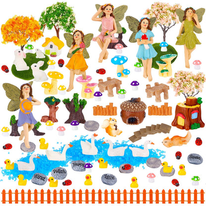 HIYZI 92 PCS Mini Fairy Garden Accessories Kit Cute Tiny Figurines Set DIY Micro Landscape Decor Resin House Bridge Animal Plant Ornament for Terrarium Dollhouse Succulent Craft Potted Horticulture