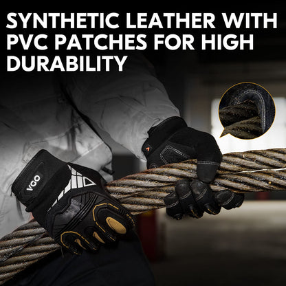Vgo... 1-Pair Heavy Duty Synthetic Leather Work Gloves, Impact Protection Mechanic Gloves, Rigger Gloves, Vibration Reduction, Touchscreen Capable (Size M, Black, SL8849)